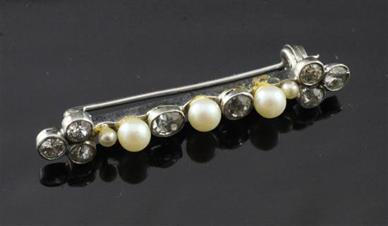 An early 20th century white metal, diamond and seed pearl bar brooch, 1.5in.